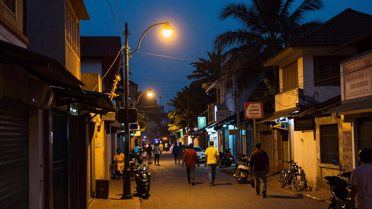 Evening Street Scene in Kochi India with Street Lamp and Pedestrians in in Kochi, India