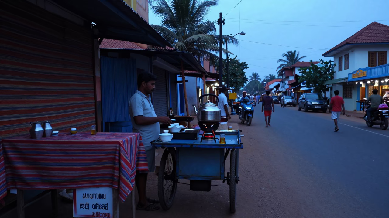 Evening street scene in Kochi India with striped fabric and tea kettle in in Kochi, India