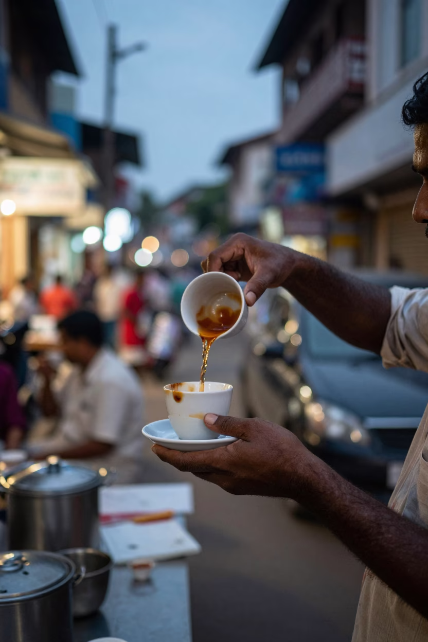 Evening Street Scene in Kochi India with Traditional Tea and Urban Light in in Kochi, India
