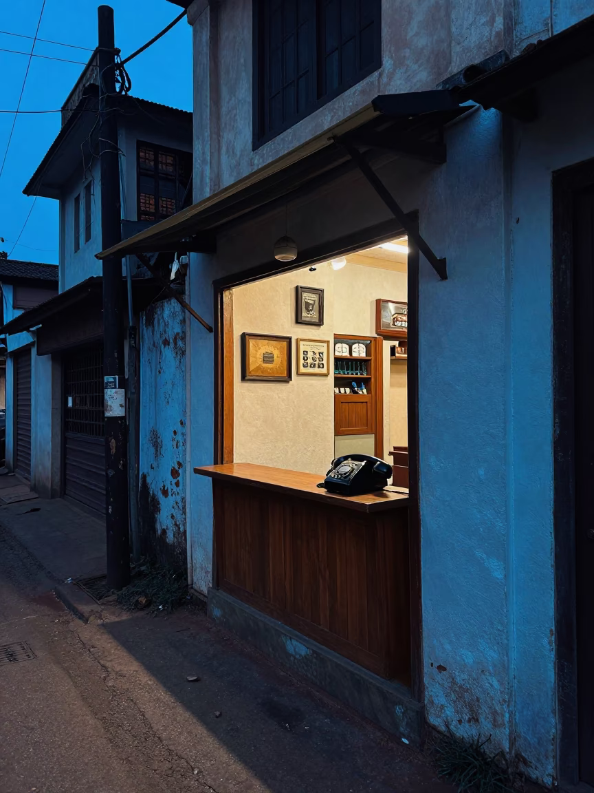Evening Street Scene in Kochi India with Vintage Bakelite Telephone and Local Life in in Kochi, India