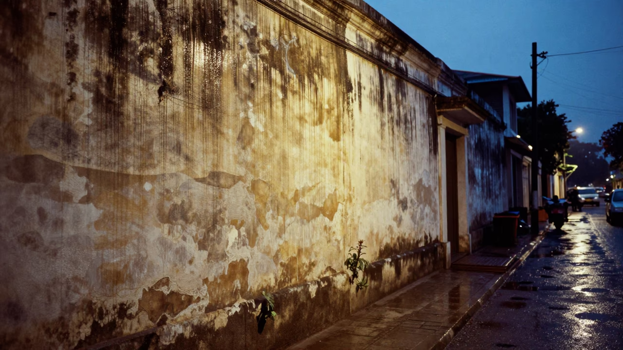 Evening Street Scene in Kochi India with Water Stained Plaster and Scars in in Kochi, India