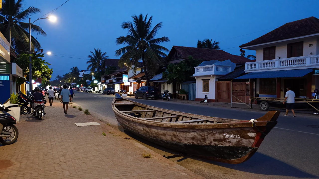 Evening street scene in Kochi India with wooden boat and twilight sky in in Kochi, India