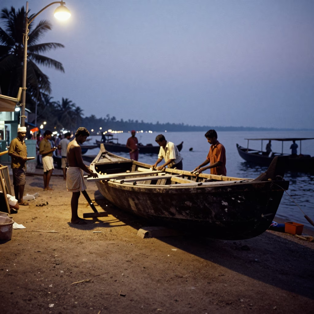 Evening Street Scene in Kochi India with Wooden Boat Hull and Basket in in Kochi, India