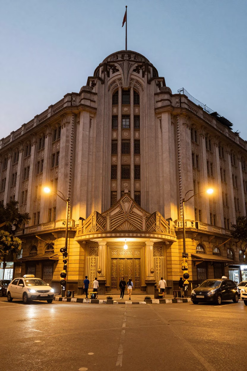 Evening Street Scene in Kolkata India with Art Deco Hotel Facade and Local Commerce in in Kolkata, India