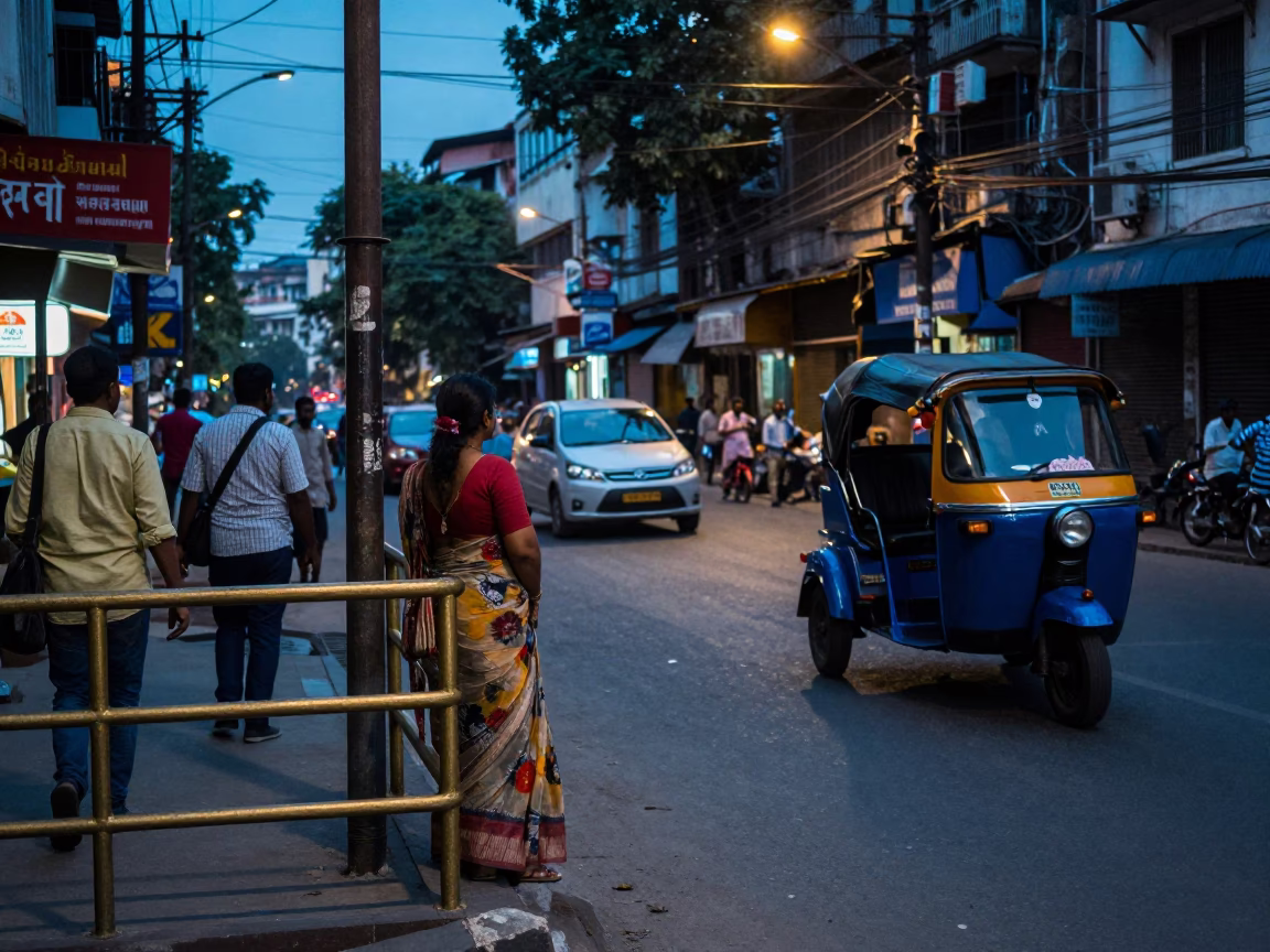 Evening Street Scene in Kolkata India with Brass Rail and Pedestrians in in Kolkata, India