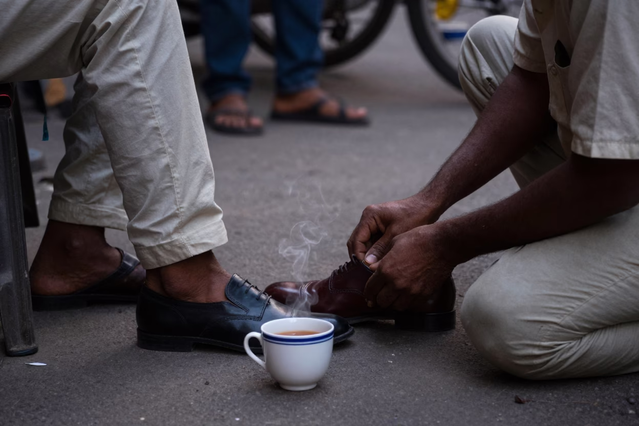 Evening Street Scene in Kolkata India with Ceramic Cup and Shoe Shiner in in Kolkata, India