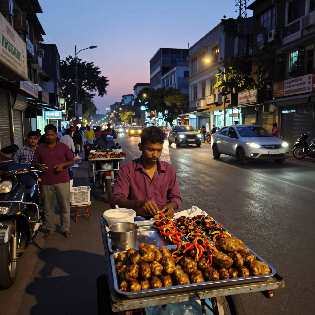Evening Street Scene in Kolkata India with City Lights Glowing and Local Vendor Interaction in in Kolkata, India