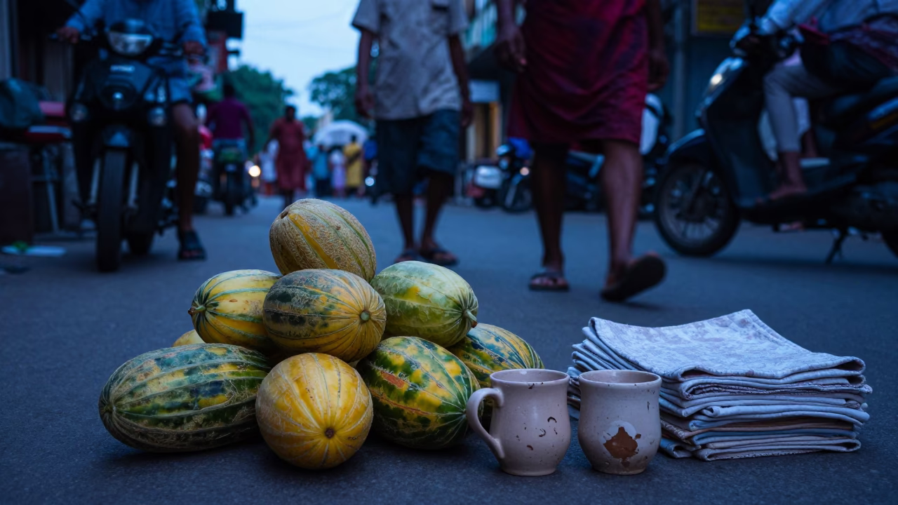 Evening Street Scene in Kolkata India with Melons and Ceramic Mugs in in Kolkata, India