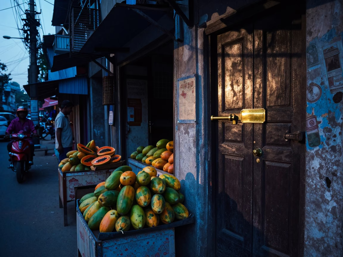 Evening Street Scene in Kolkata India with Papayas and Vintage Shop Details in in Kolkata, India