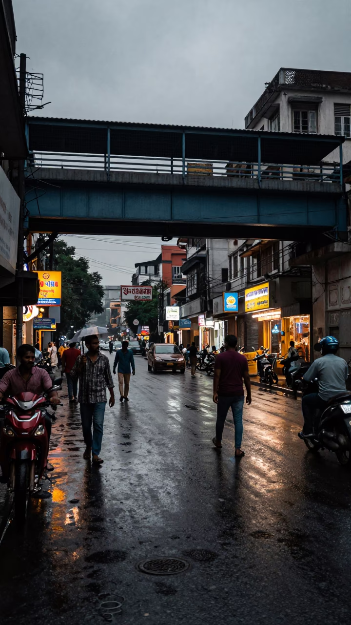 Evening Street Scene in Kolkata India with Pedestrian Overpass and Wet Footsteps in in Kolkata, India