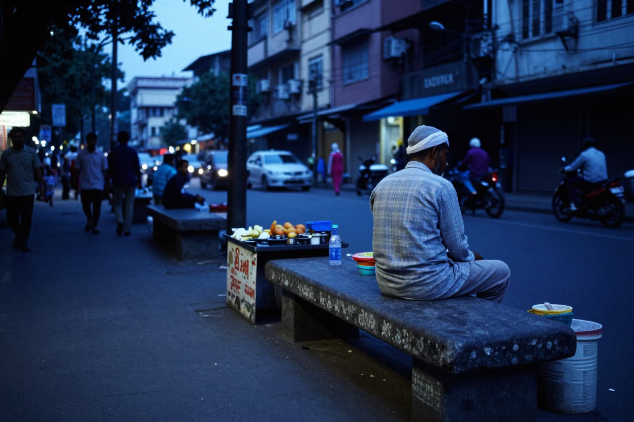 Evening Street Scene in Kolkata India with Stone Bench and Blue Light in in Kolkata, India