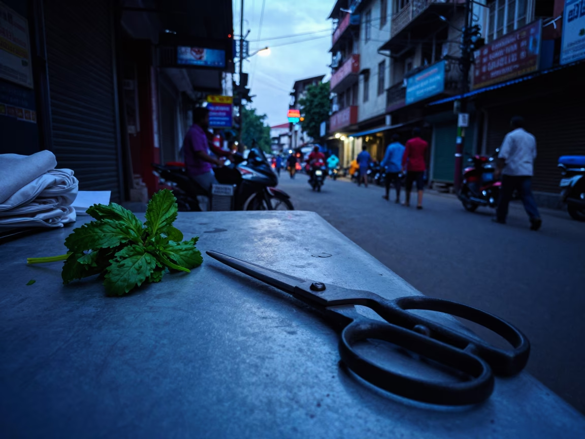 Evening Street Scene in Kolkata India with Tailor Shears and Basils in in Kolkata, India