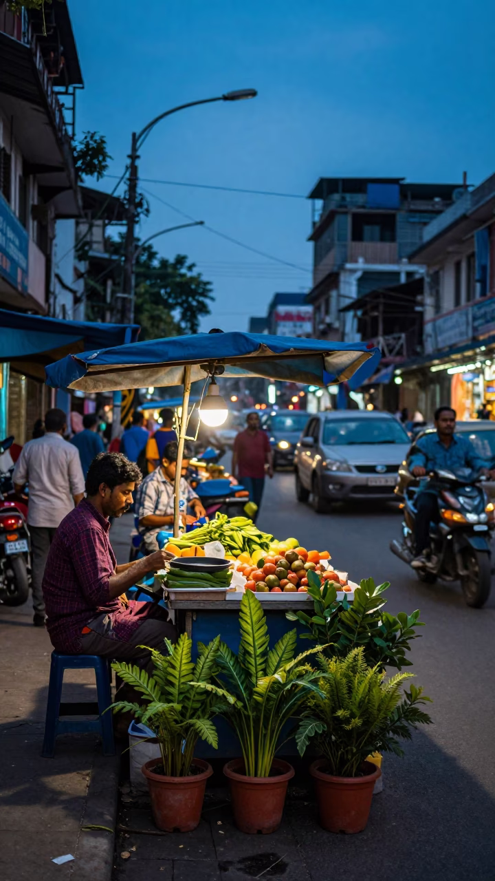 Evening Street Scene in Kolkata India with Vendor and Houseplants in in Kolkata, India