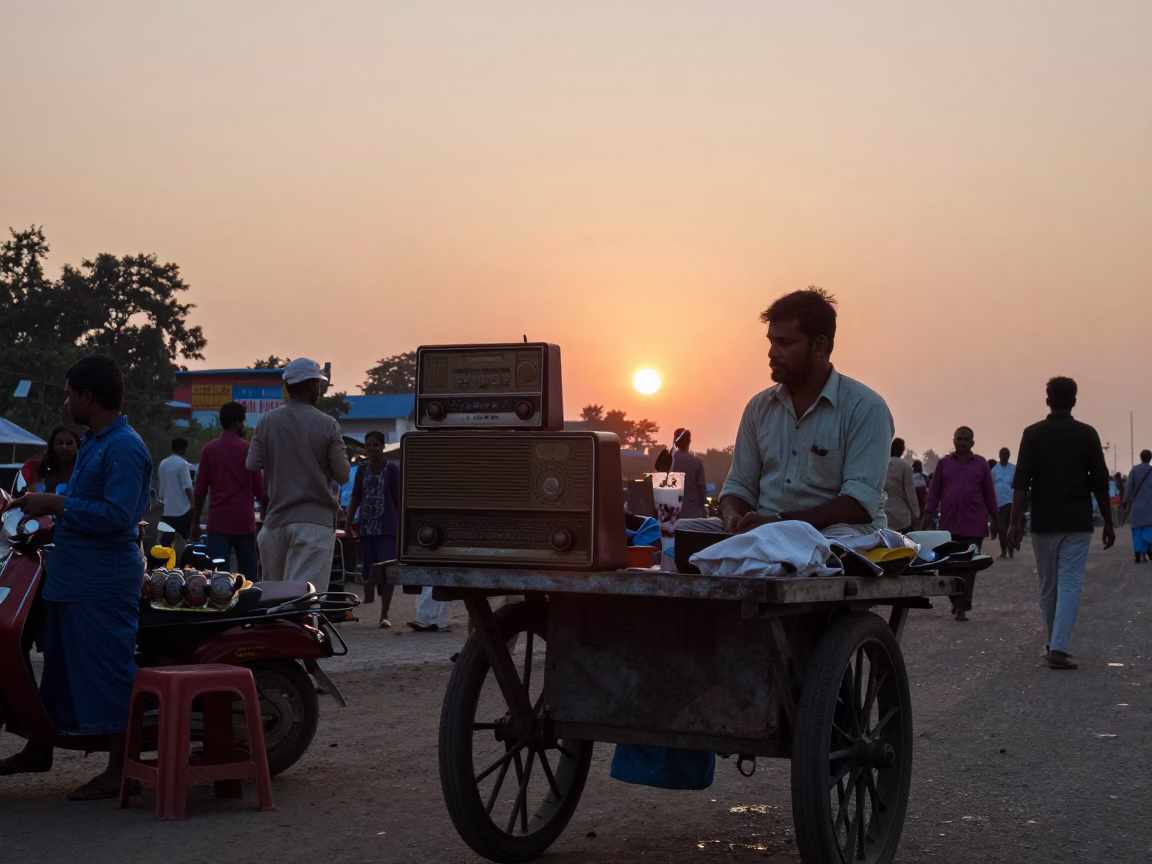 Evening Street Scene in Kolkata India with Vintage Radio and Lassi Glass in in Kolkata, India