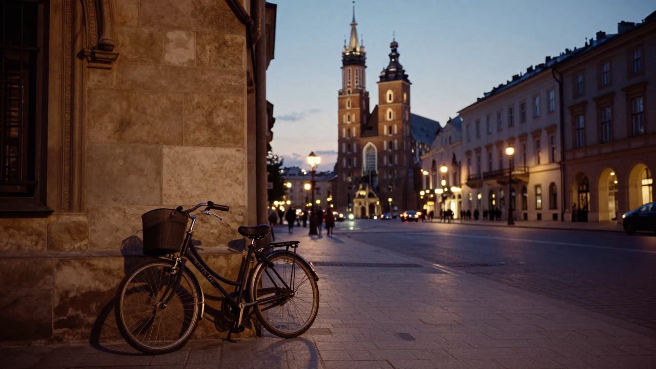 Evening Street Scene in Krakow Poland with Bicycle Basket and City Lights in in Krakow, Poland