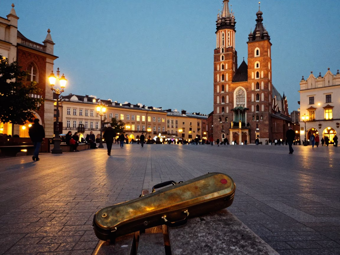 Evening Street Scene in Krakow Poland with Brass Instrument Case and Cobblestones in in Krakow, Poland