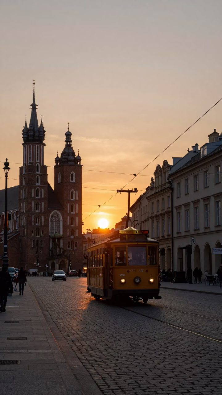 Evening Street Scene in Krakow Poland with Cable Car and Brass Details in in Krakow, Poland