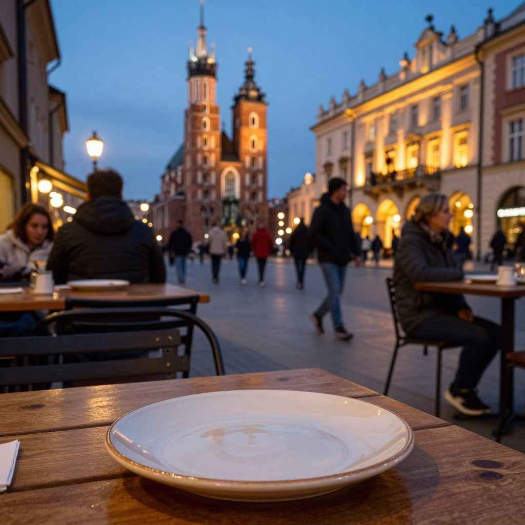 Evening Street Scene in Krakow Poland with Ceramic Plates and City Lights in in Krakow, Poland