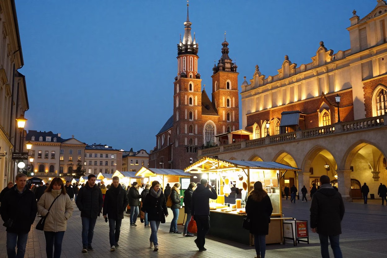 Evening Street Scene in Krakow Poland with City Lights and Local Market Activity in in Krakow, Poland