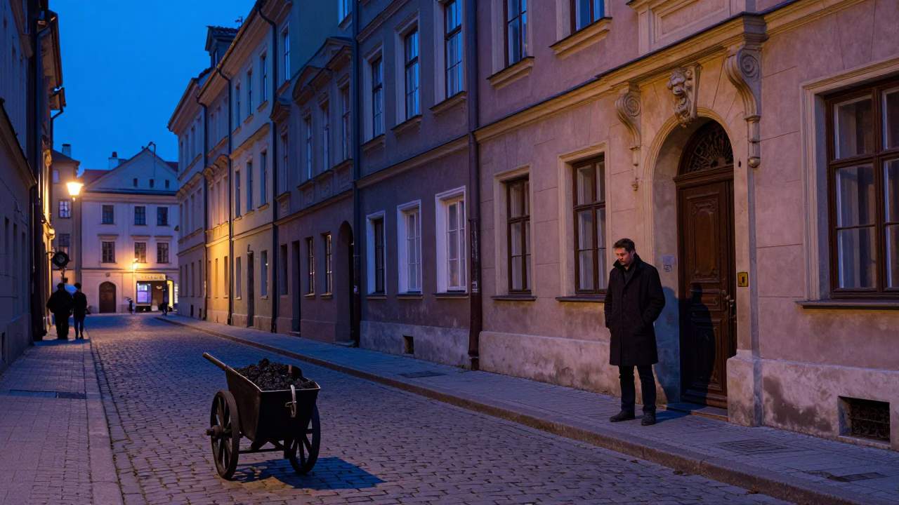 Evening street scene in Krakow Poland with coal scuttle and vintage urban details in in Krakow, Poland
