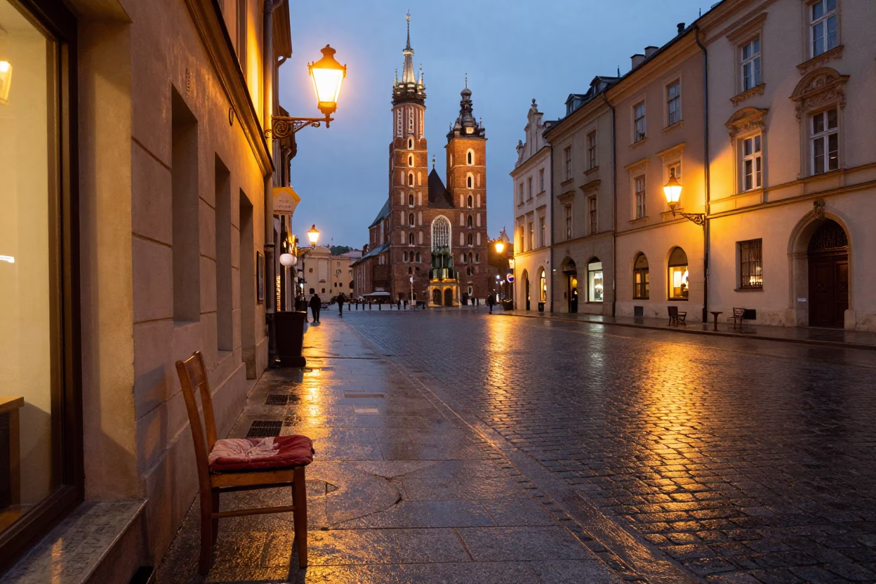 Evening Street Scene in Krakow Poland with Cobblestones and City Lights in in Krakow, Poland
