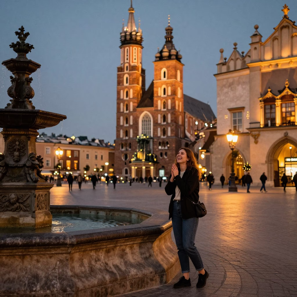 Evening street scene in Krakow Poland with glowing city lights and local market activity in in Krakow, Poland