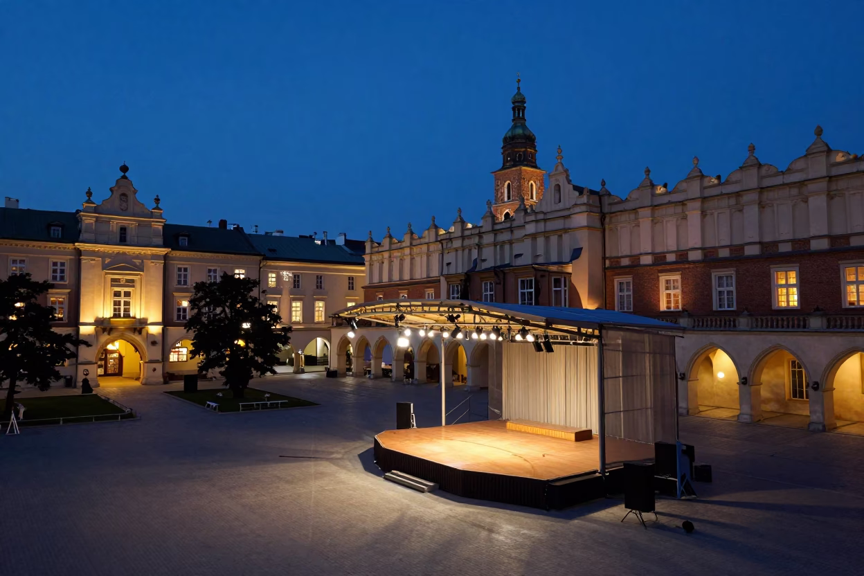 Evening Street Scene in Krakow Poland with Graduation Stage and City Lights in in Krakow, Poland