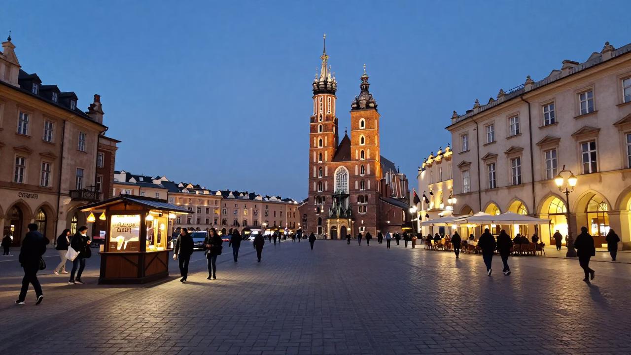 Evening street scene in Krakow Poland with historic architecture and glowing city lights in in Krakow, Poland