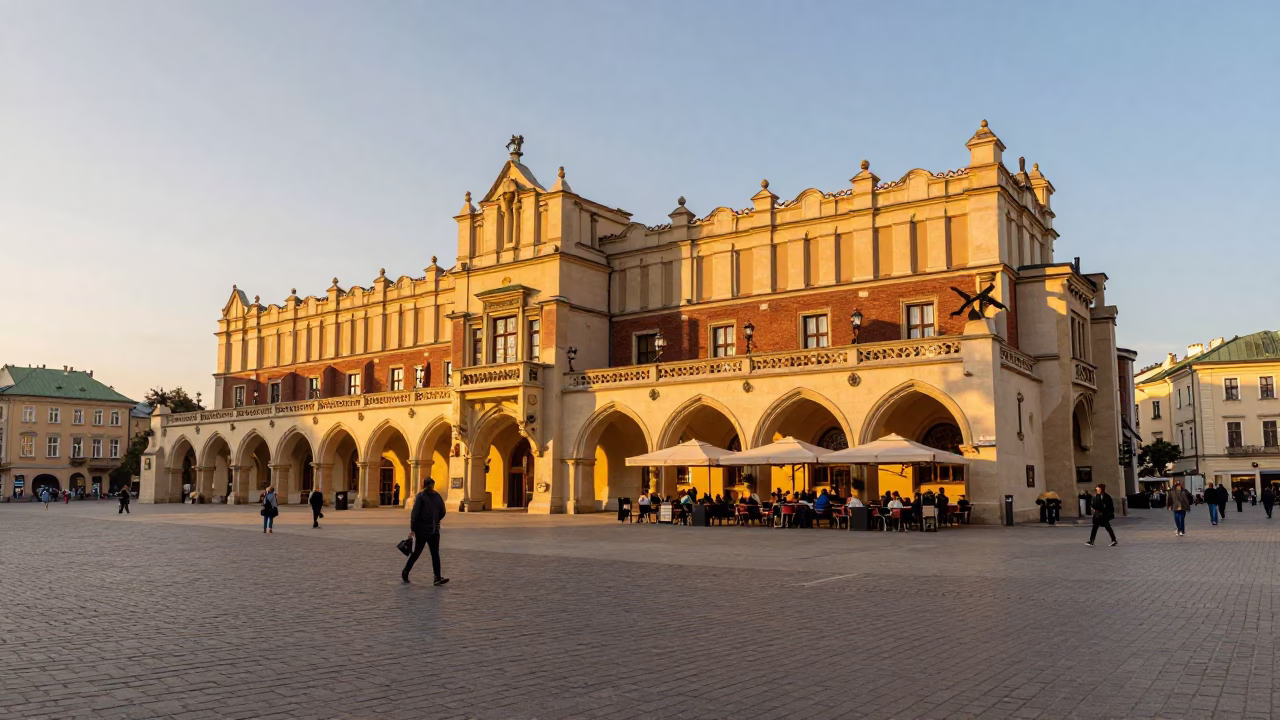 Evening street scene in Krakow Poland with historic architecture and local dining in in Krakow, Poland