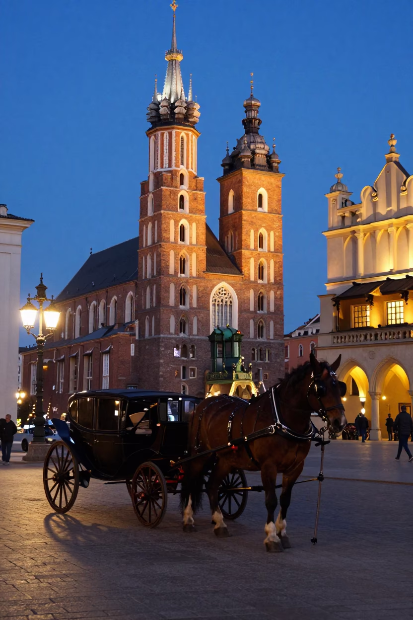 Evening Street Scene in Krakow Poland with Horse Drawn Carriage on Cobblestones in in Krakow, Poland