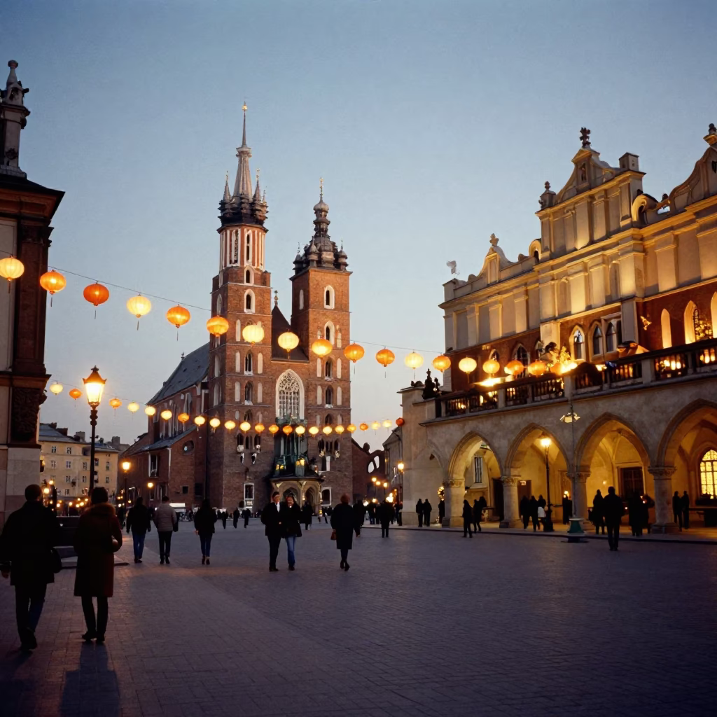 Evening Street Scene in Krakow Poland with Lantern Festival Lights and Local Pedestrians in in Krakow, Poland