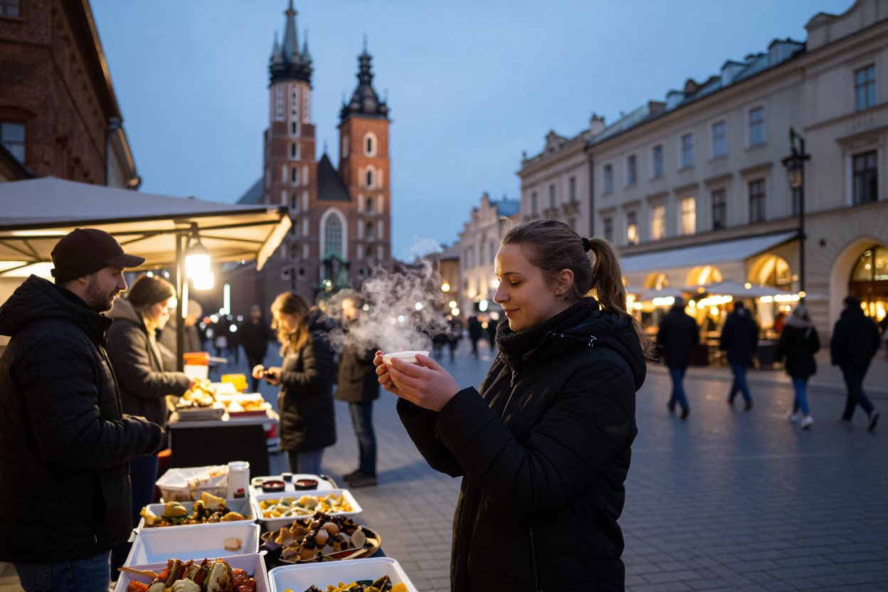 Evening Street Scene in Krakow Poland with Local Food and Urban Details in in Krakow, Poland