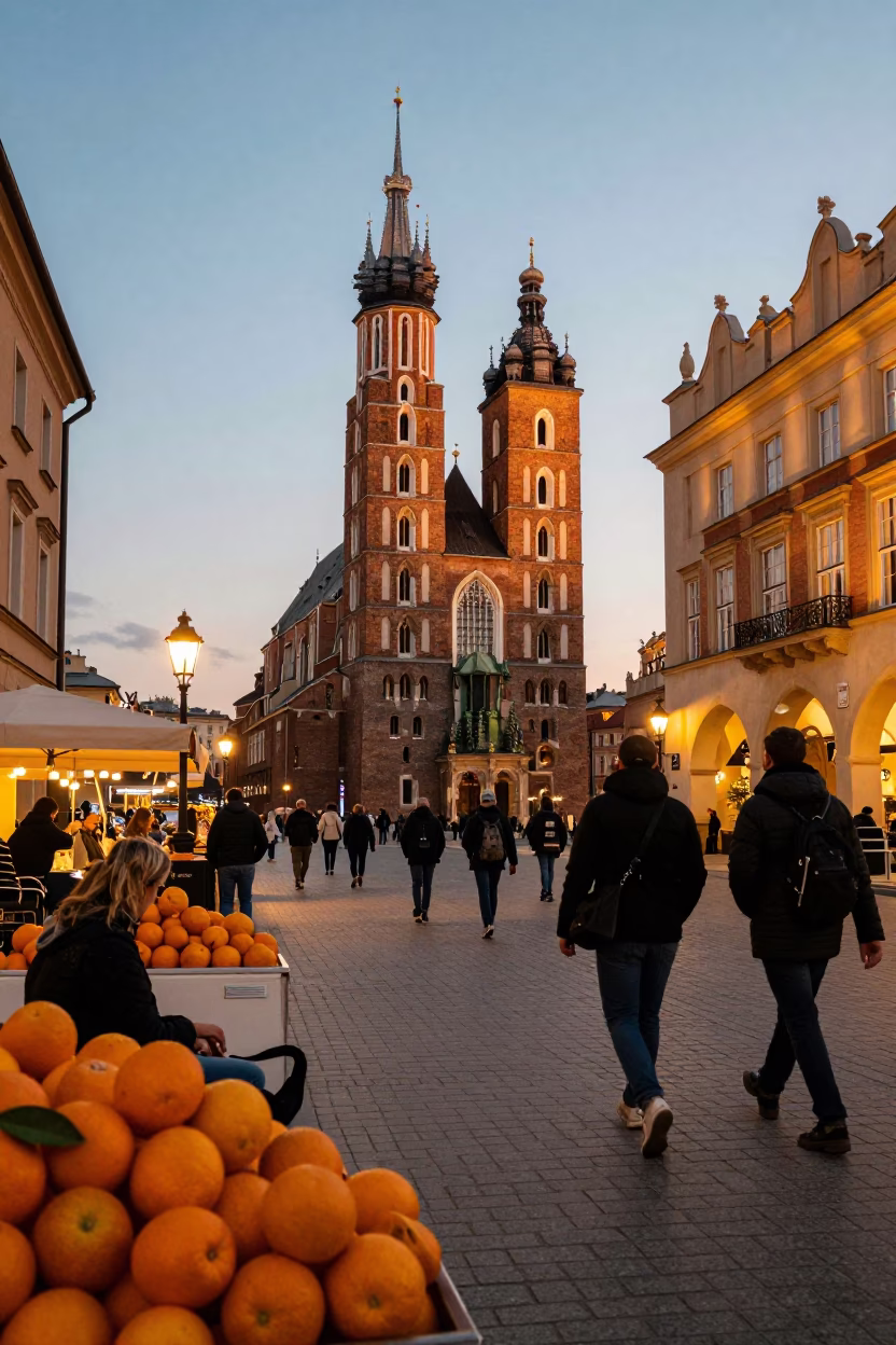 Evening Street Scene in Krakow Poland with Oranges and Tourist Activity in in Krakow, Poland