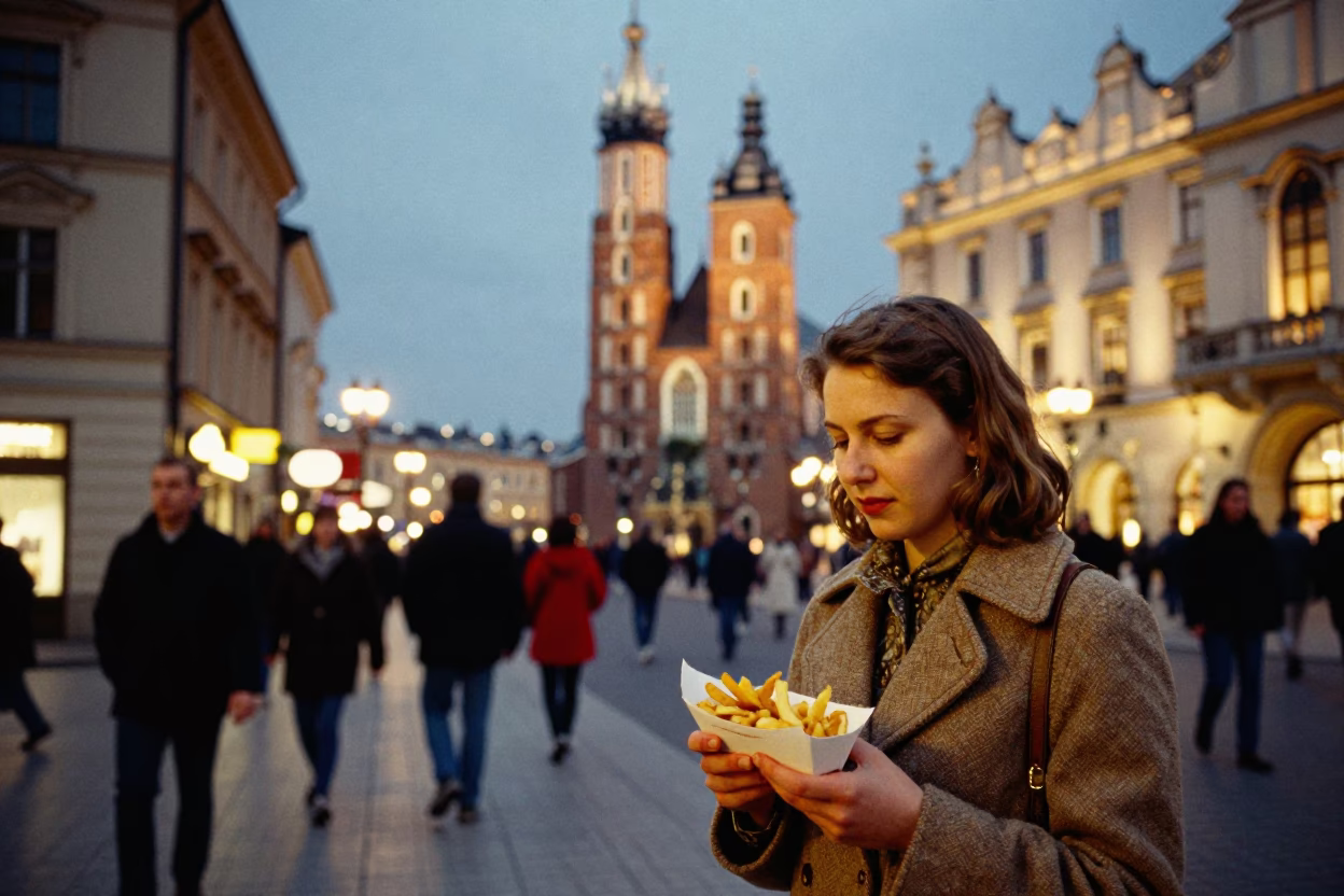 Evening Street Scene in Krakow Poland with Polish Fries and City Lights in in Krakow, Poland