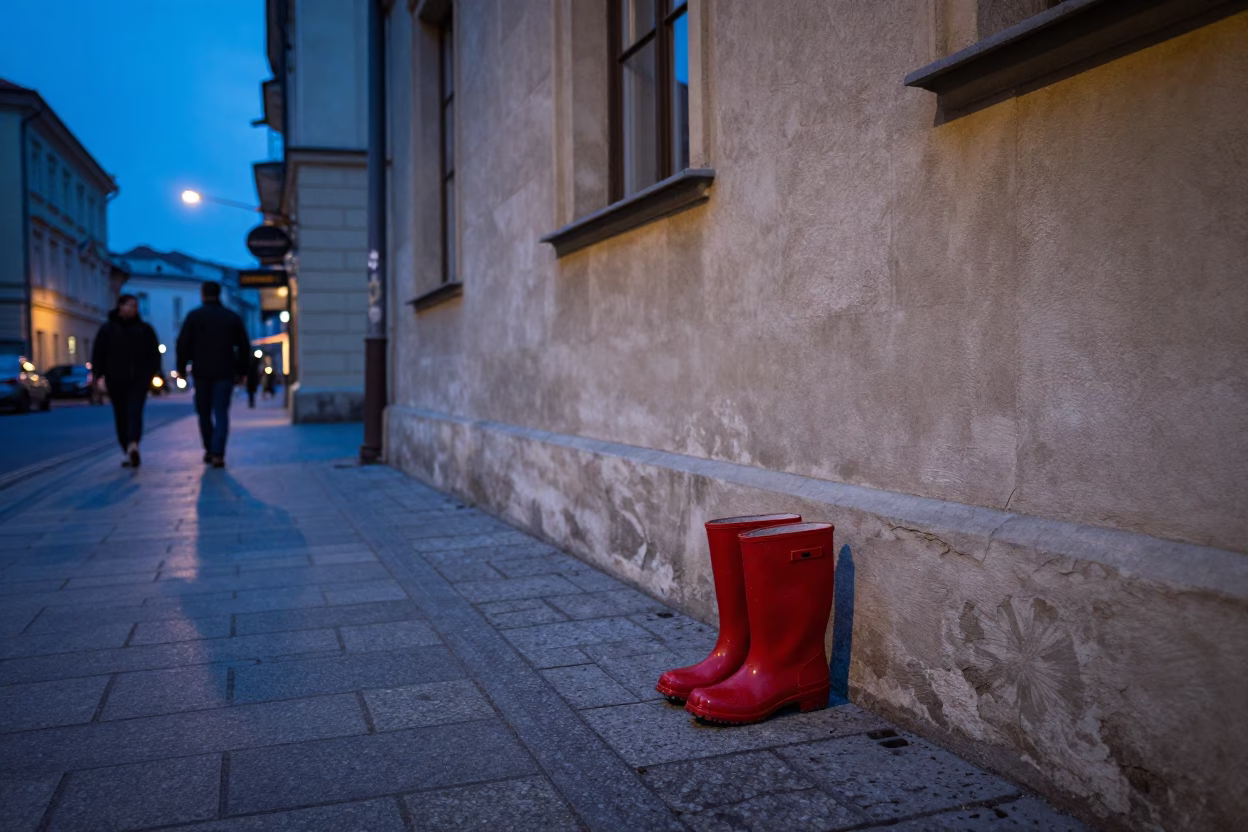 Evening Street Scene in Krakow Poland with Rain Boots and Wall Sconce in in Krakow, Poland
