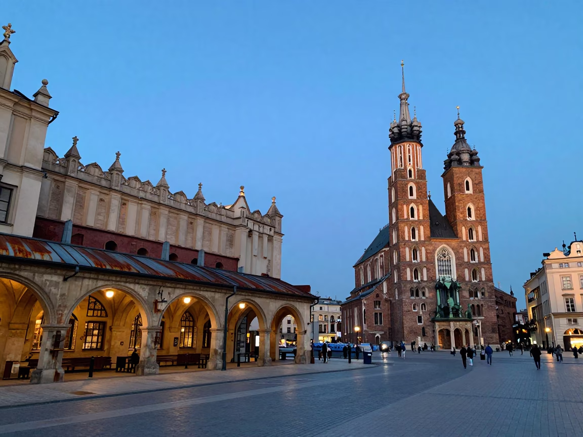 Evening Street Scene in Krakow Poland with Rusty Train Station Roof and Door Mats in in Krakow, Poland