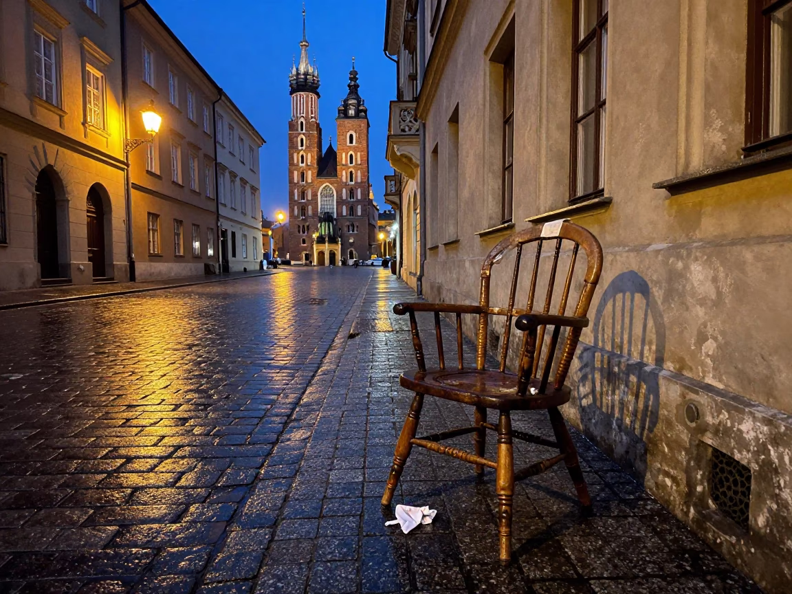 Evening street scene in Krakow Poland with spindle chair and handkerchief in in Krakow, Poland