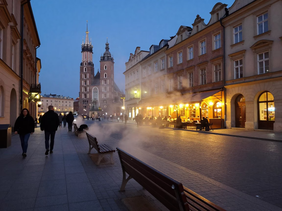 Evening Street Scene in Krakow Poland with Steam Haze and Local Dining in in Krakow, Poland