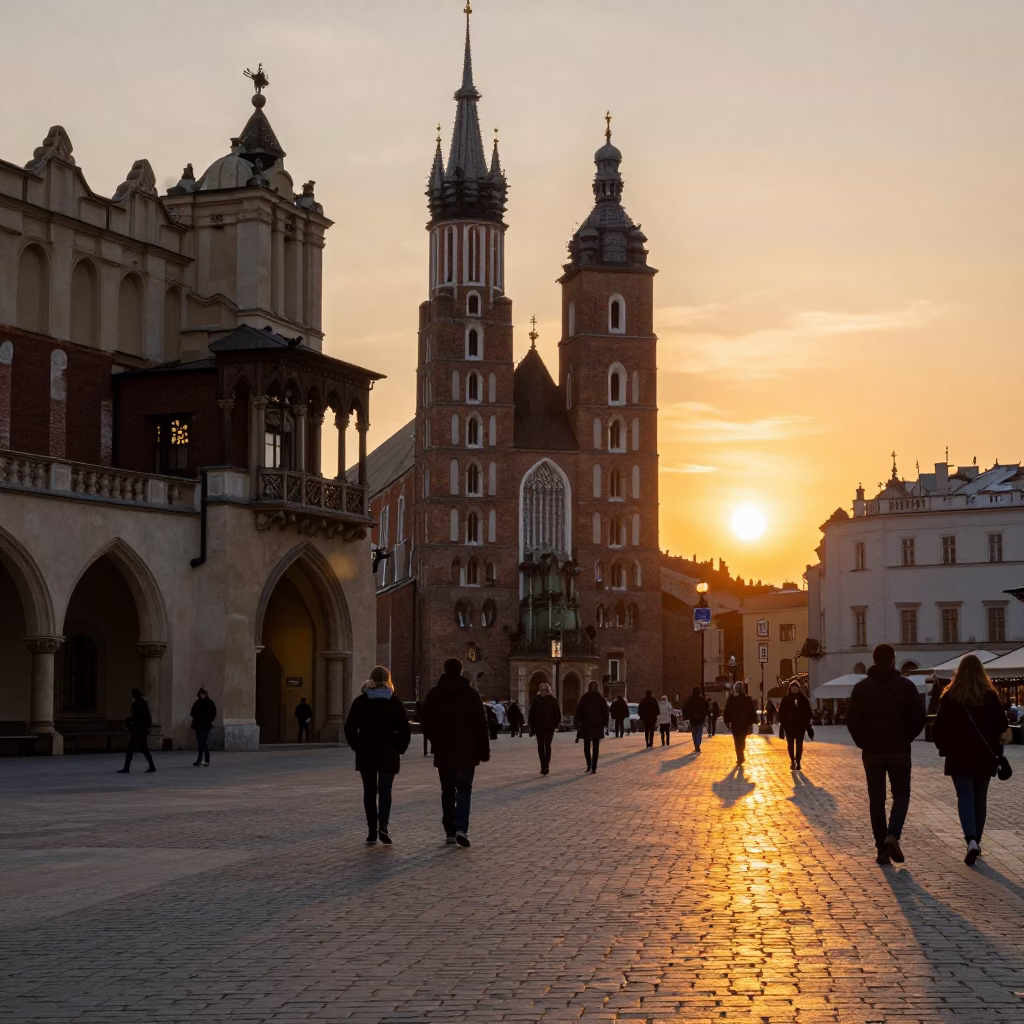 Evening street scene in Krakow Poland with sunset light and historic architecture in in Krakow, Poland