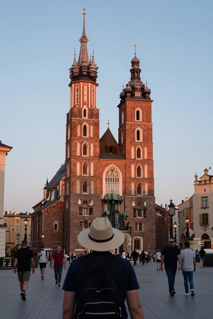 Evening street scene in Krakow Poland with tourist wearing sun hat near historic architecture in in Krakow, Poland