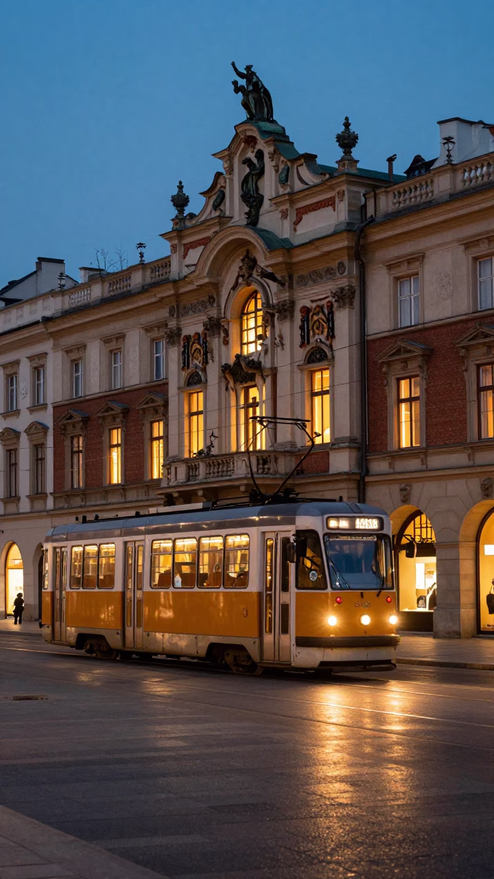 Evening Street Scene in Krakow Poland with Tram and Art Nouveau Architecture in in Krakow, Poland