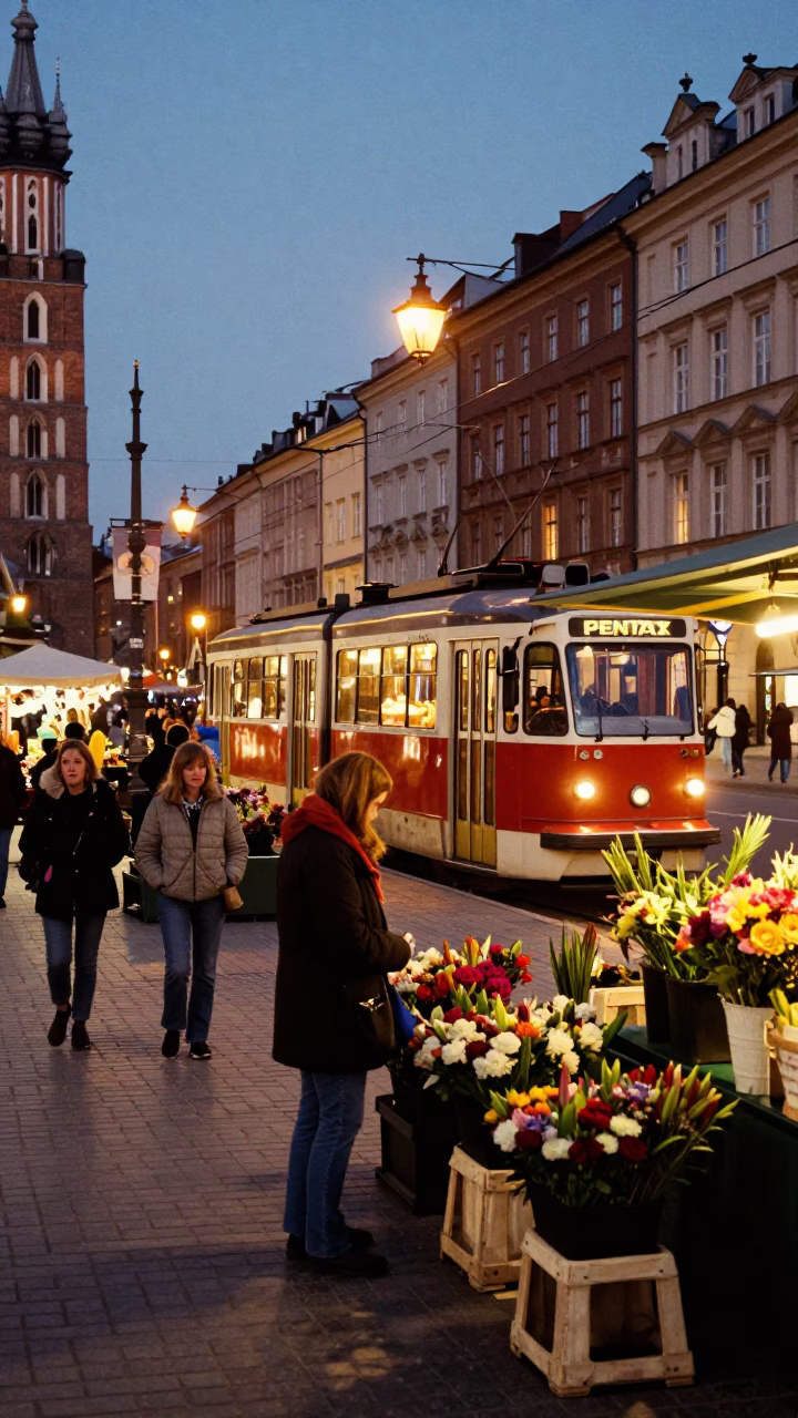 Evening Street Scene in Krakow Poland with Tram and Flower Market Stall in in Krakow, Poland