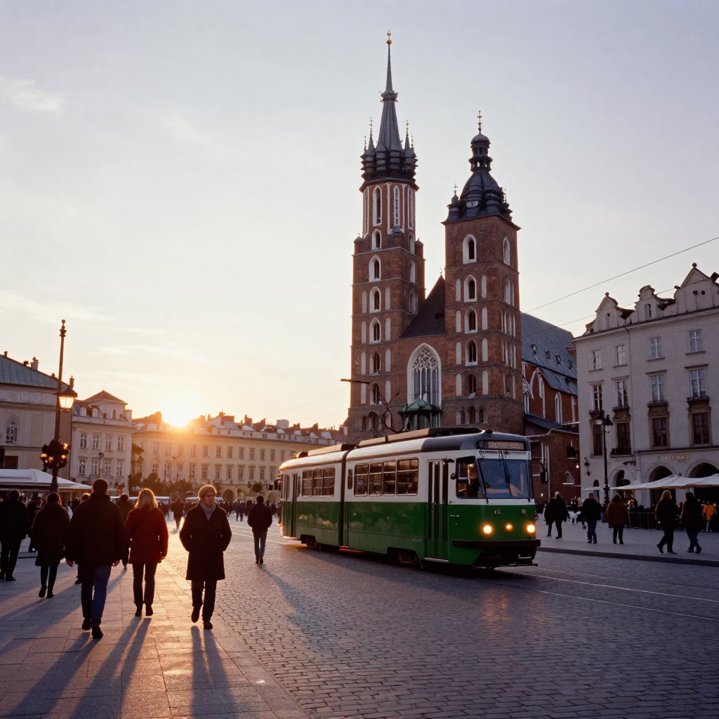 Evening Street Scene in Krakow Poland with Tram and Historic Architecture in in Krakow, Poland