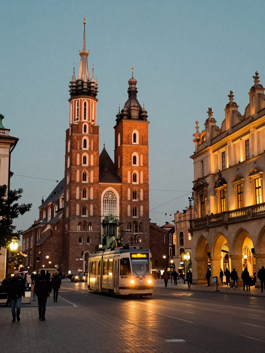 Evening street scene in Krakow Poland with tram lights and historic architecture in in Krakow, Poland
