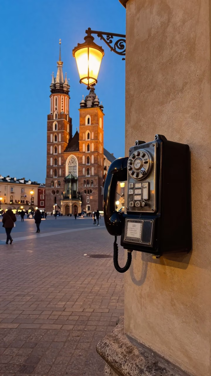 Evening Street Scene in Krakow Poland with Vintage Bakelite Telephone and City Lights in in Krakow, Poland