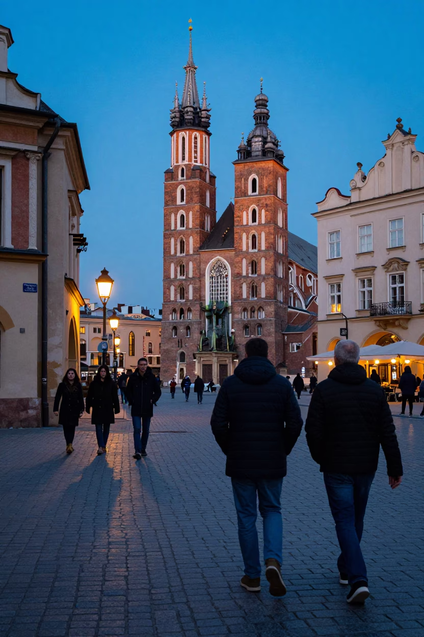 Evening Street Scene in Krakow Poland with Vintage Details and Local Life in in Krakow, Poland