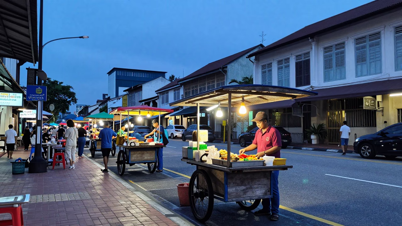 Evening Street Scene in Kuala Lumpur Malaysia with Local Vendor and Traditional Items in in Kuala Lumpur, Malaysia