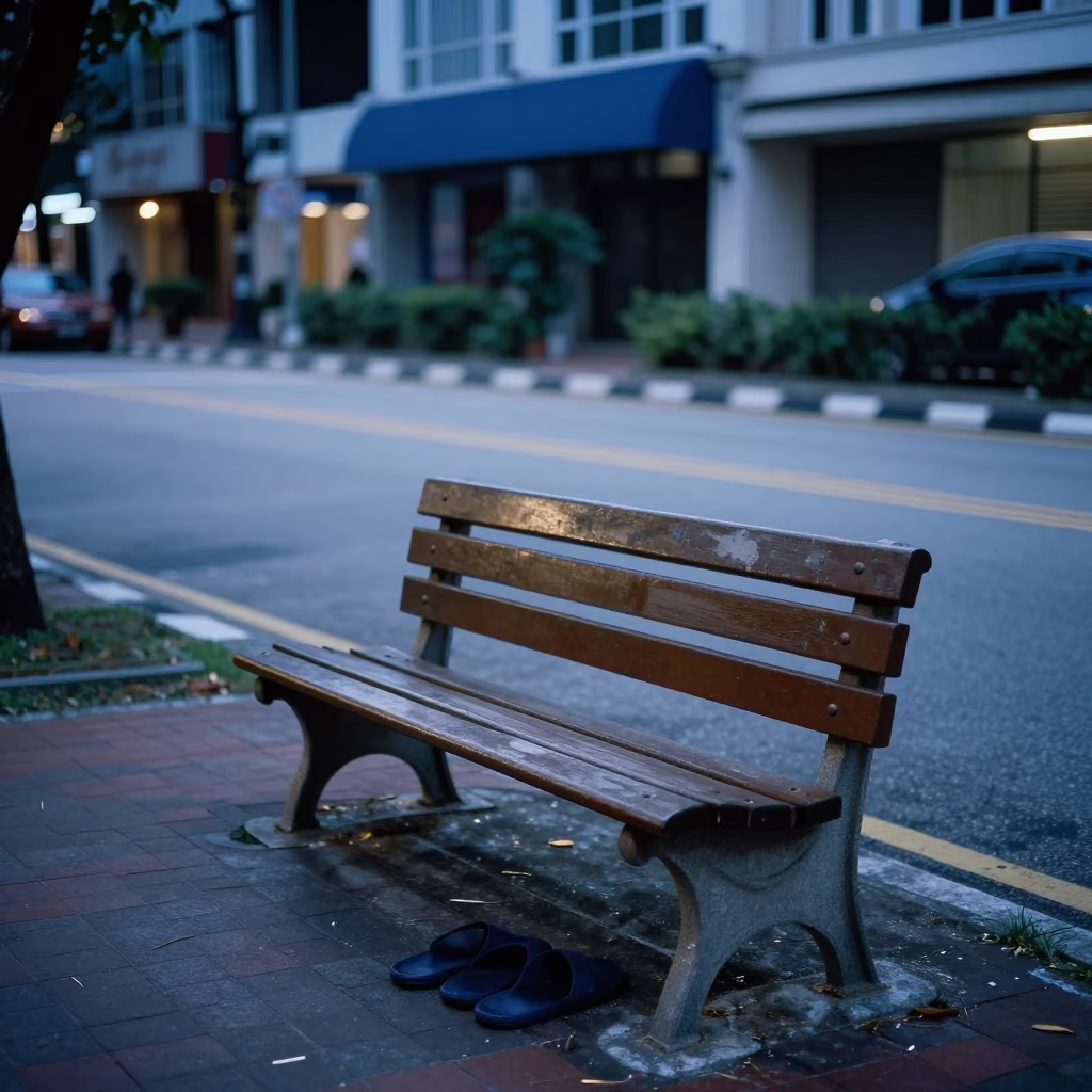 Evening Street Scene in Kuala Lumpur Malaysia with Park Bench and Slippers in in Kuala Lumpur, Malaysia