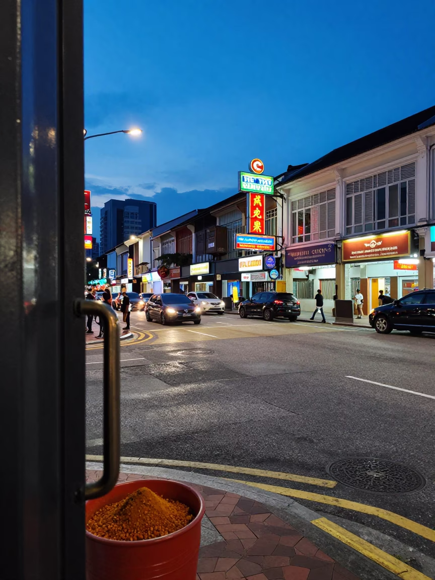 Evening Street Scene in Kuala Lumpur with Door Handle and Spice Jar in in Kuala Lumpur, Malaysia
