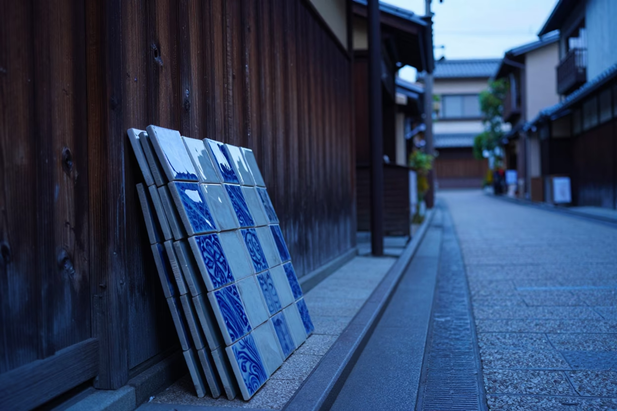 Evening Street Scene in Kyoto Japan with Ceramic Tiles and Traditional Architecture in in Kyoto, Japan